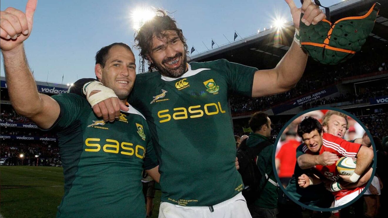 Fourie du Preez alongside Victor Matfield after beating the B&I Lions and Mike Phillips getting tackled by Schalk Burger (inset).