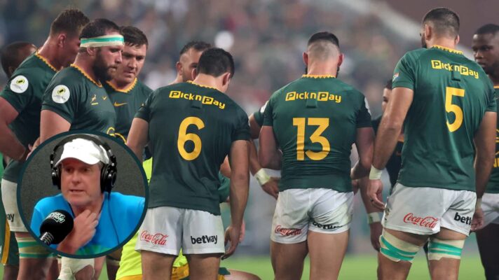 Springboks players huddle and an inset of Mark Watson.