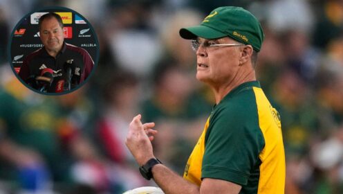 Springboks boss Rassie Erasmus and an inset of All Blacks head coach Dave Rennie.