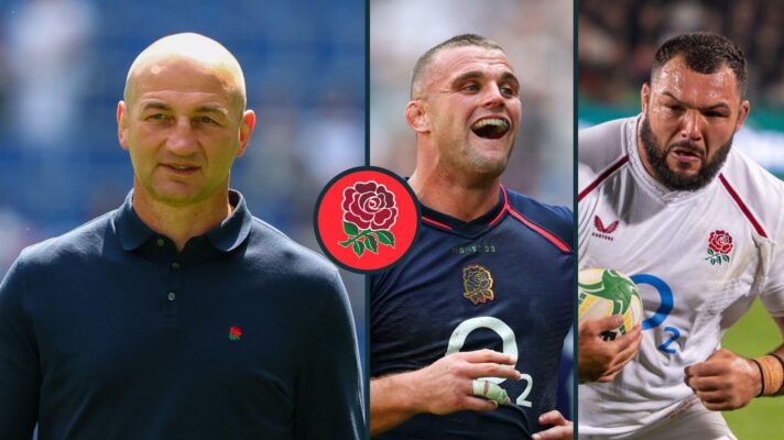 A three panel image of England head coach Steve Borthwick (left), Ben Earl (centre) and Ellis Genge (right)