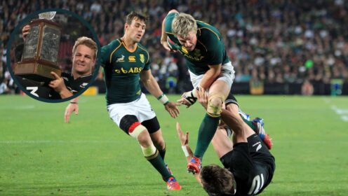 Jean de Villiers steamrolls Beauden Barrett in 2013 and an inset of ex-All Blacks captain Sam Cane in 2022.
