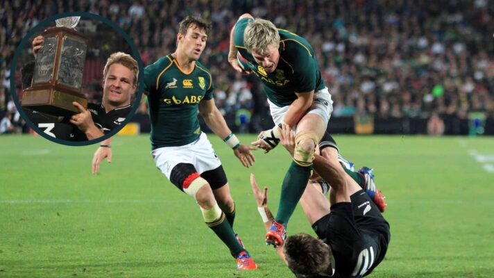 Jean de Villiers steamrolls Beauden Barrett in 2013 and an inset of ex-All Blacks captain Sam Cane in 2022.