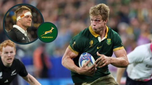Springboks Pieter-Steph du Toit and an inset of ex-All Blacks captain Sam Cane.