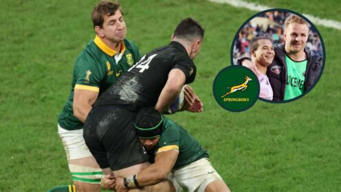 Cheslin Kolbe tackling Will Jordan and an inset of him with Sam Cane.