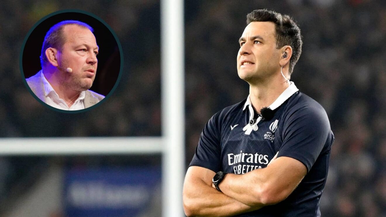 New Zealand referee Ben O'Keeffe and an inset of ex-England hooker Steve Thompson.