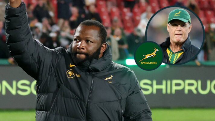 Springboks prop Ox Nche and an inset of head coach Rassie Erasmus.
