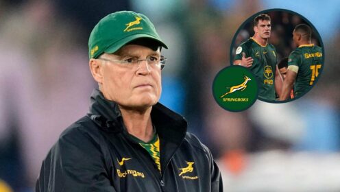 Springboks head coach Rassie Erasmus and an inset of Ben-Jason Dixon and Damian Willemse.
