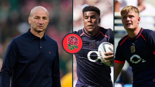 A three panel image of Steve Borthwick, Immanuel Feyi-Waboso and Fin Smith