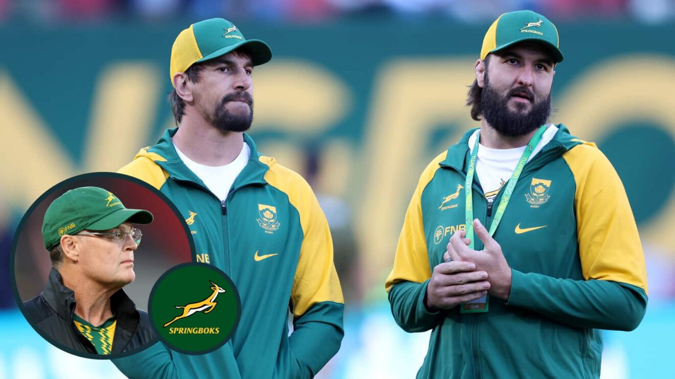 Springboks veterans Eben Etzebeth and Lood de Jager with an inset of head coach Rassie Erasmus.
