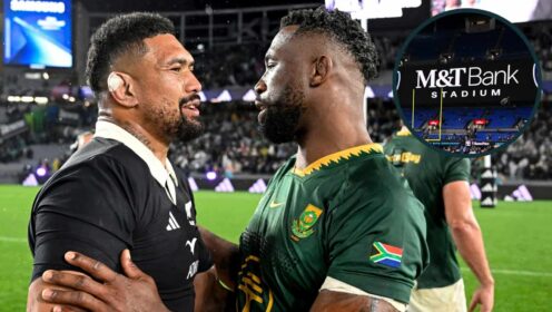 All Blacks captain Ardie Savea with Springboks skipper Siya Kolisi.