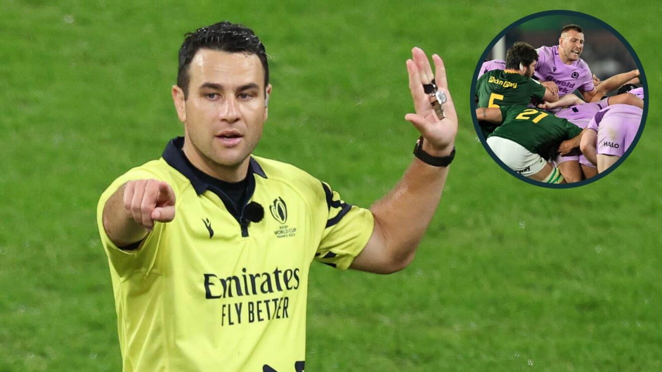 Referee Ben O'Keefe and an inset of a maul during Springboks v Scotland.