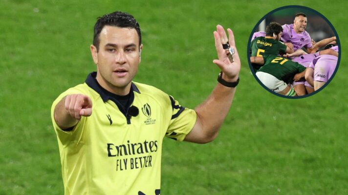 Referee Ben O'Keefe and an inset of a maul during Springboks v Scotland.