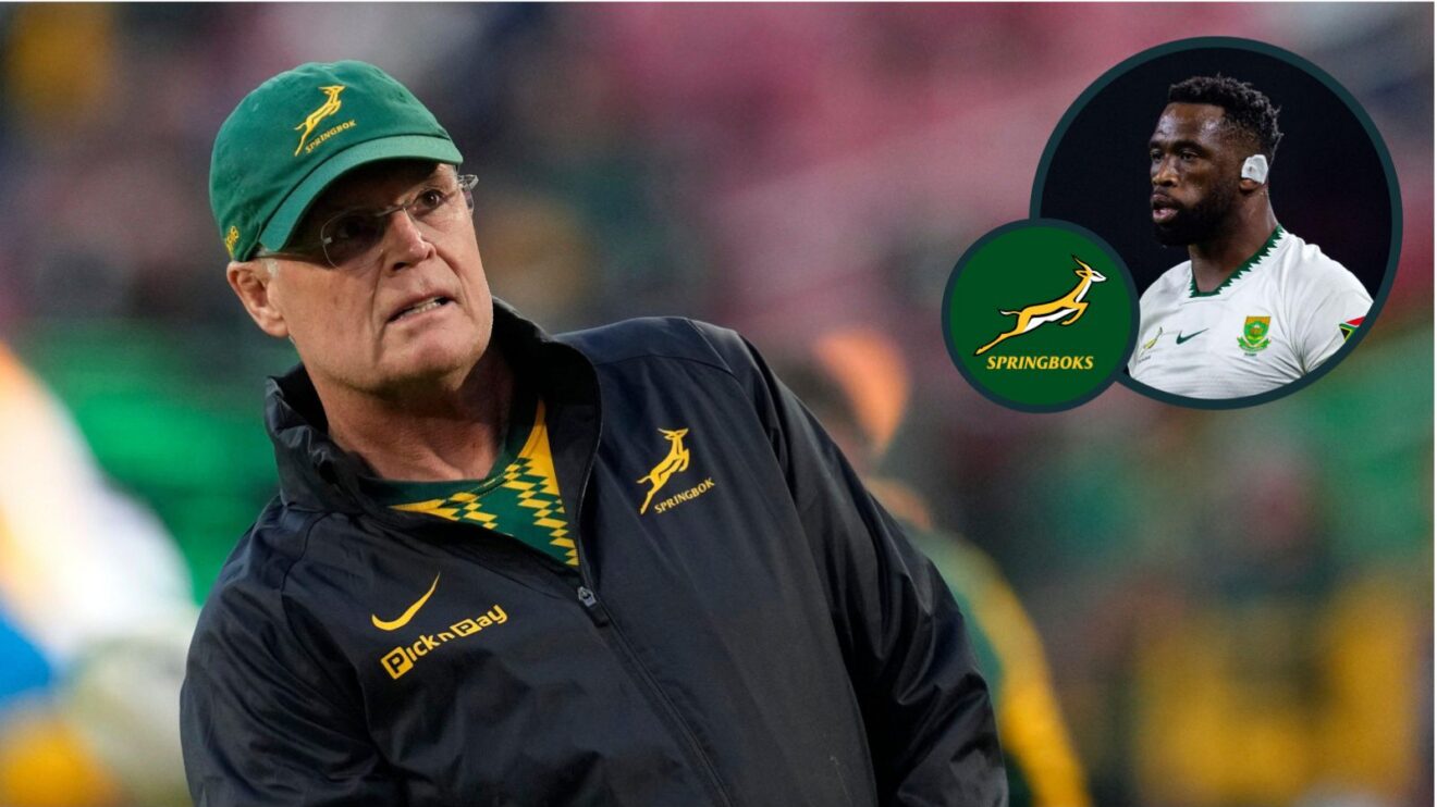 A two layered image of Rassie Erasmus and Siya Kolisi