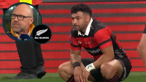 Richie Mo'unga and an inset of ex-All Blacks winger Jeff Wilson.