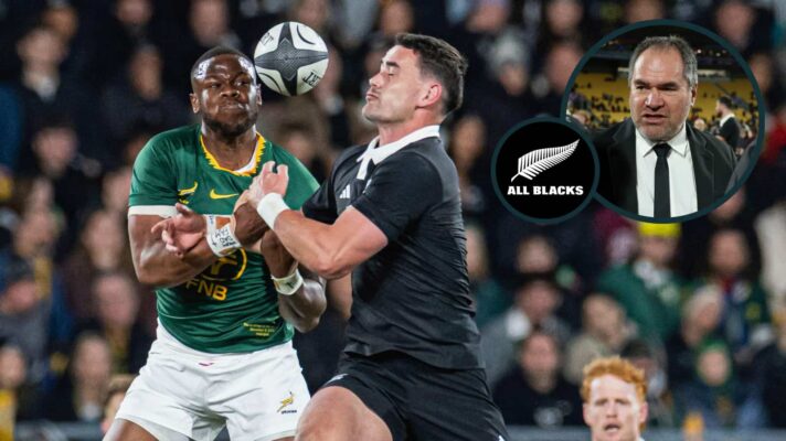 Aphelele Fassi of South Africa and Will Jordan of New Zealand battle for an aerial ball and an inset of All Blacks boss Dave Rennie.