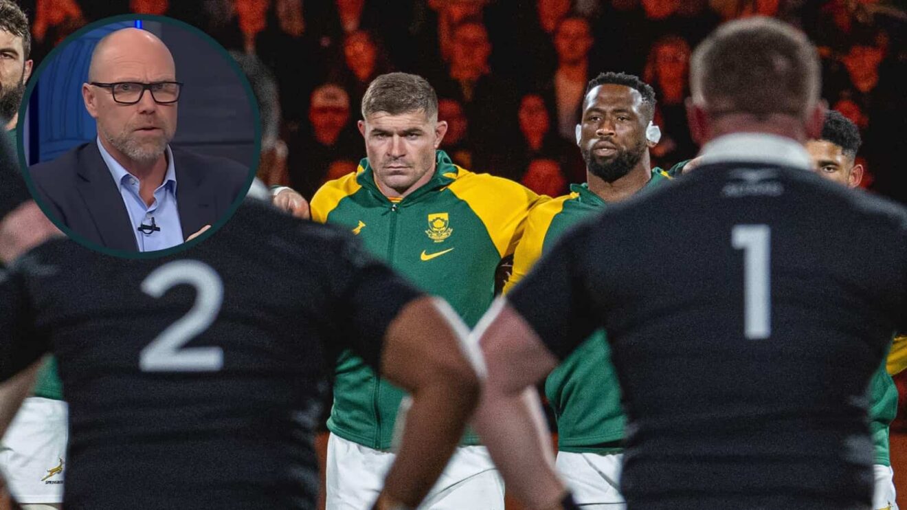 Springboks Malcolm Marx and Siya Kolisi face the Haka and an inset of All Blacks legend Jeff Wilson.