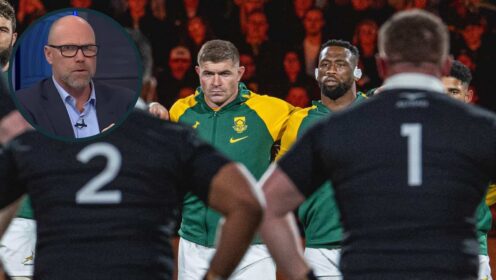 Springboks Malcolm Marx and Siya Kolisi face the Haka and an inset of All Blacks legend Jeff Wilson.