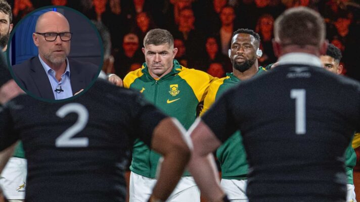 Springboks Malcolm Marx and Siya Kolisi face the Haka and an inset of All Blacks legend Jeff Wilson.