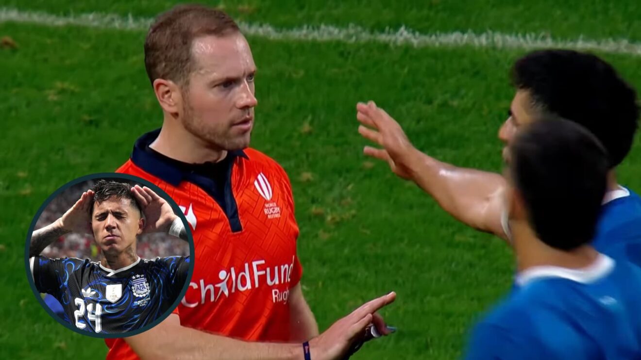 Tomas Albornoz remonstrates with referee Angus Gardner and an inset of Argentina's Enzo Fernandez.