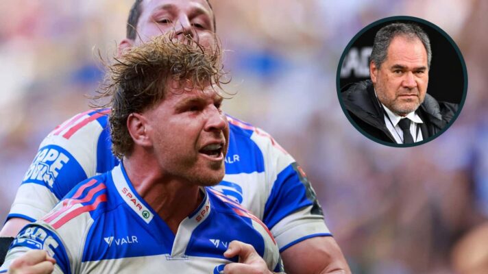 Evan Roos, who has been released from Springboks squad, celebrates Stormers try and All Blacks head coach Dave Rennie (inset).