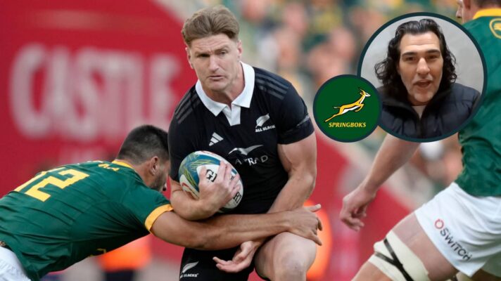 All Blacks centre Jordie Barrett is tackled by Springboks midfielder Damian de Allende and an inset of Victor Matfield.