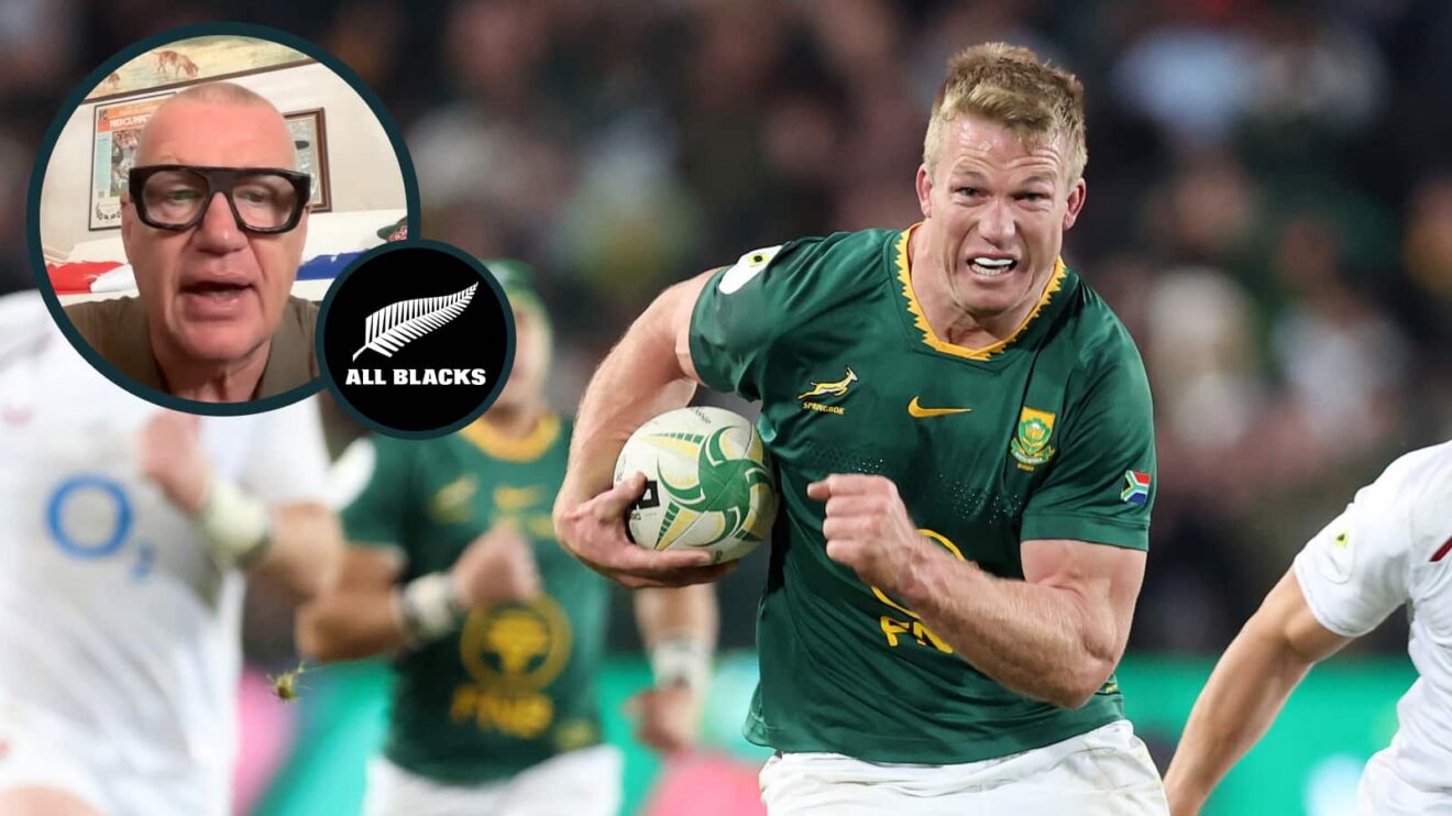 Springboks forward Pieter-Steph du Toit and an inset of ex-All Blacks winger Sir John Kirwan.