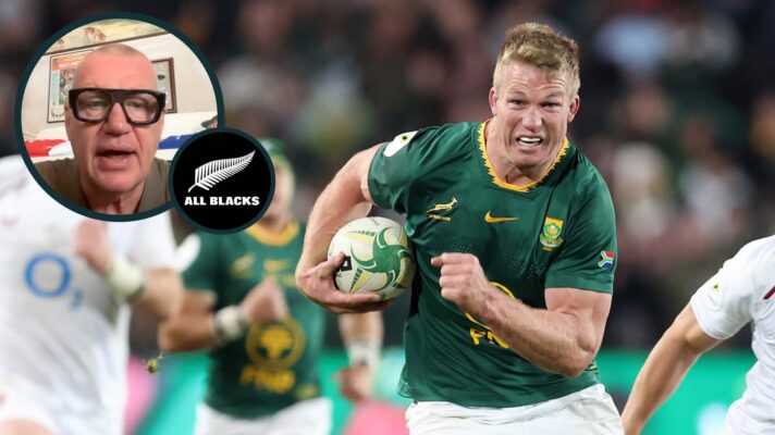 Springboks forward Pieter-Steph du Toit and an inset of ex-All Blacks winger Sir John Kirwan.