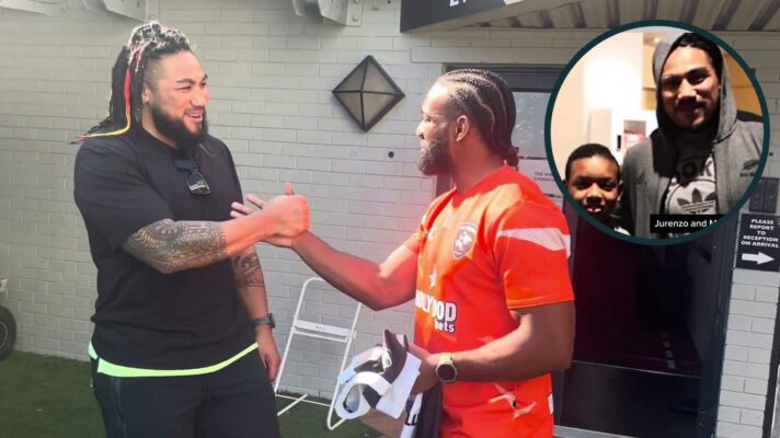 All Blacks legend Ma'a Nonu with Sharks centre Jurenzo Julius.