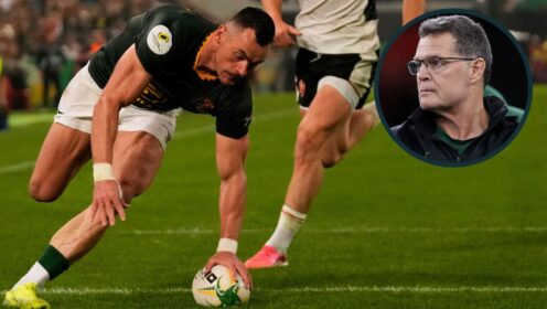 Springboks scoring a try via Jesse Kriel and head coach Rassie Erasmus (inset).