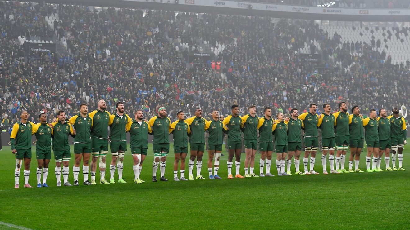 Springbok players singing the national anthem in 2025