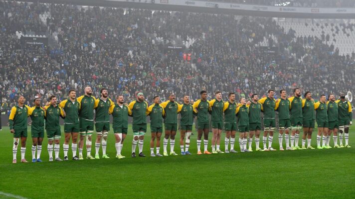 Springbok players singing the national anthem in 2025