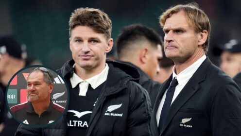 Beauden Barrett, Scott Robertson and an inset of All Blacks coach Dave Rennie.