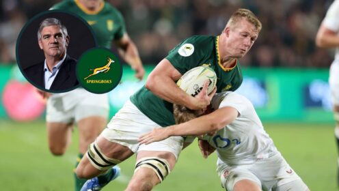 Springboks forward Pieter-Steph du Toit and an inset of ex-head coach Nick Mallett.