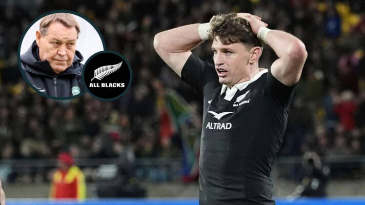 Beauden Barrett and an inset of ex-All Blacks head coach Sir Steve Hansen.