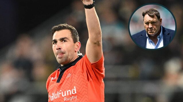 Referee Luc Ramos during New Zealand v Italy and an inset of ex-All Blacks boss Sir Steve Hansen.