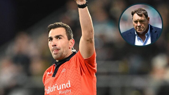 Referee Luc Ramos during New Zealand v Italy and an inset of ex-All Blacks boss Sir Steve Hansen.