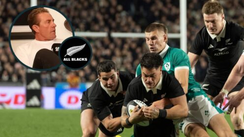 Current centres Quinn Tupaea and Jordie Barrett in action for the All Blacks against Ireland, and former New Zealand star Justin Marshall (inset).