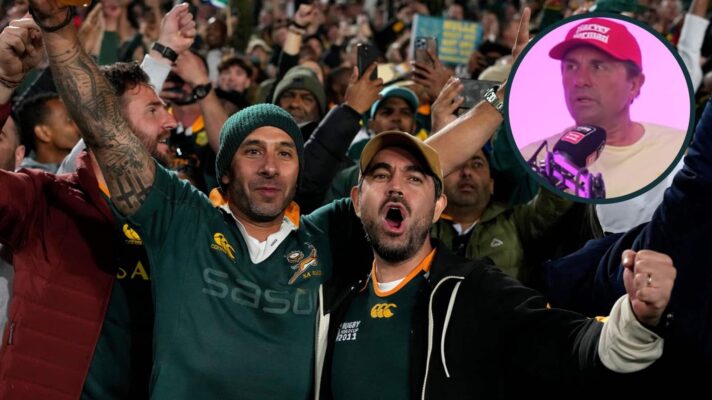 South Africa fans celebrate victory at Ellis Park and All Blacks great Justin Marshall (inset).