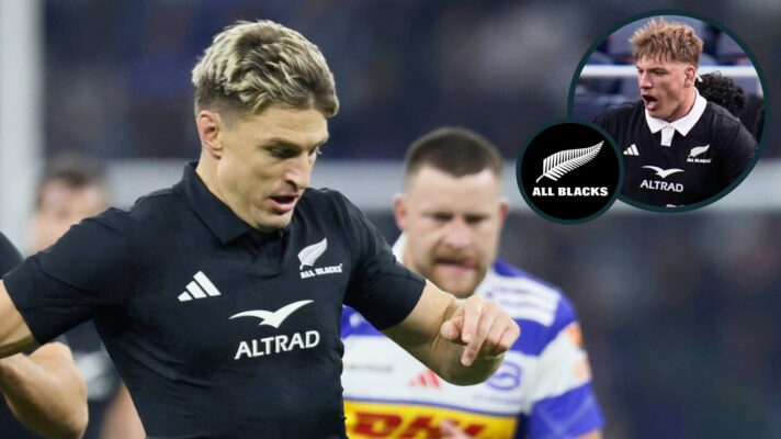 Beauden Barrett and Fabian Holland (inset) in action for the All Blacks.