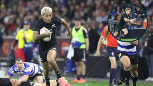 All Blacks Beauden Barrett and Rieko Ioane in action against the Stormers.