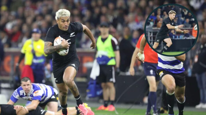 All Blacks Beauden Barrett and Rieko Ioane in action against the Stormers.