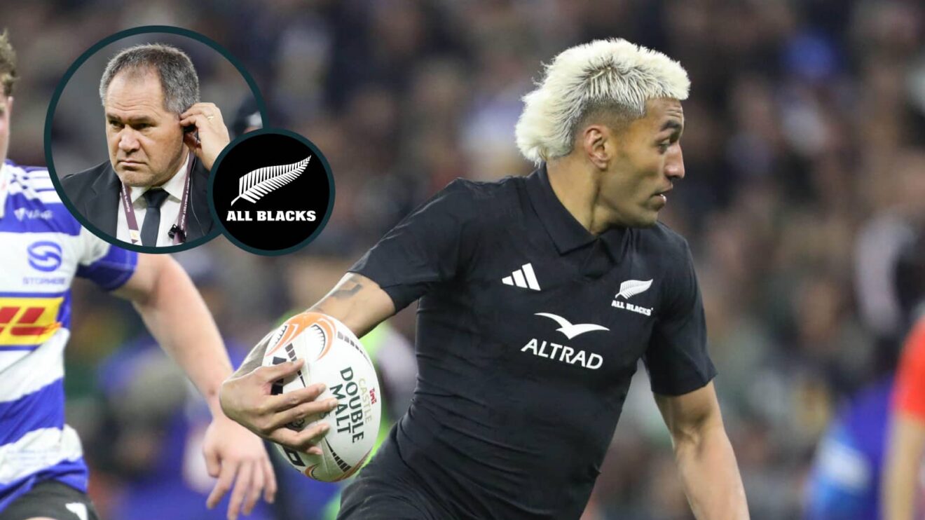 All Blacks winger Rieko Ioane and an inset of head coach Dave Rennie.