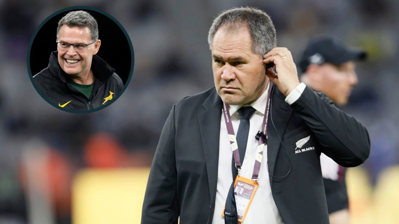 All Blacks head coach Dave Rennie and Springboks boss Rassie Erasmus (inset).
