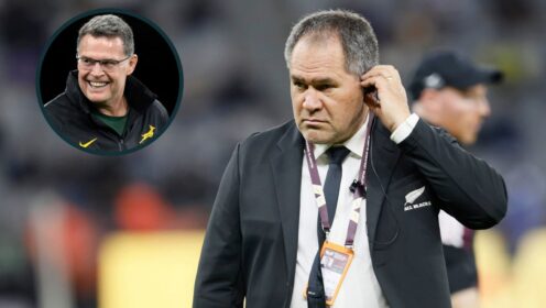 All Blacks head coach Dave Rennie and Springboks boss Rassie Erasmus (inset).
