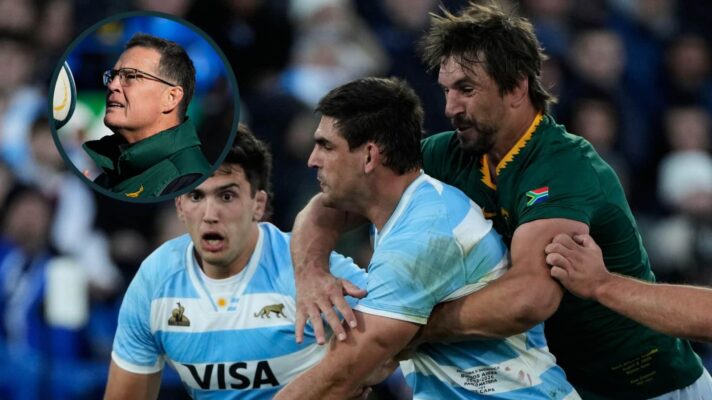 Argentina's Pablo Matera tackled by Eben Etzebeth and an inset of Springboks coach Rassie Erasmus.