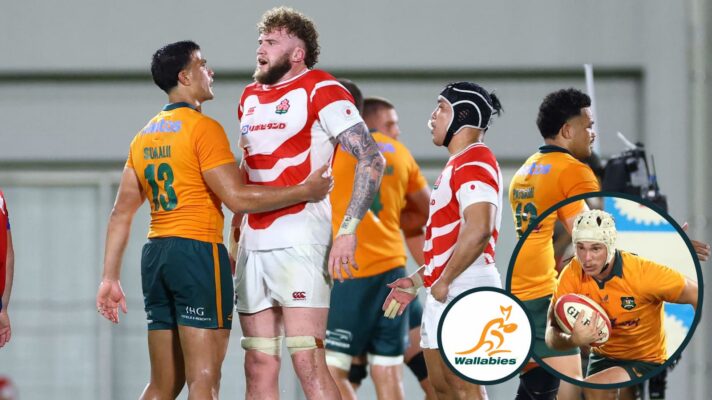 Joseph-Aukuso Suaalii and Warner Dearns catch up after Japan v Wallabies clash.