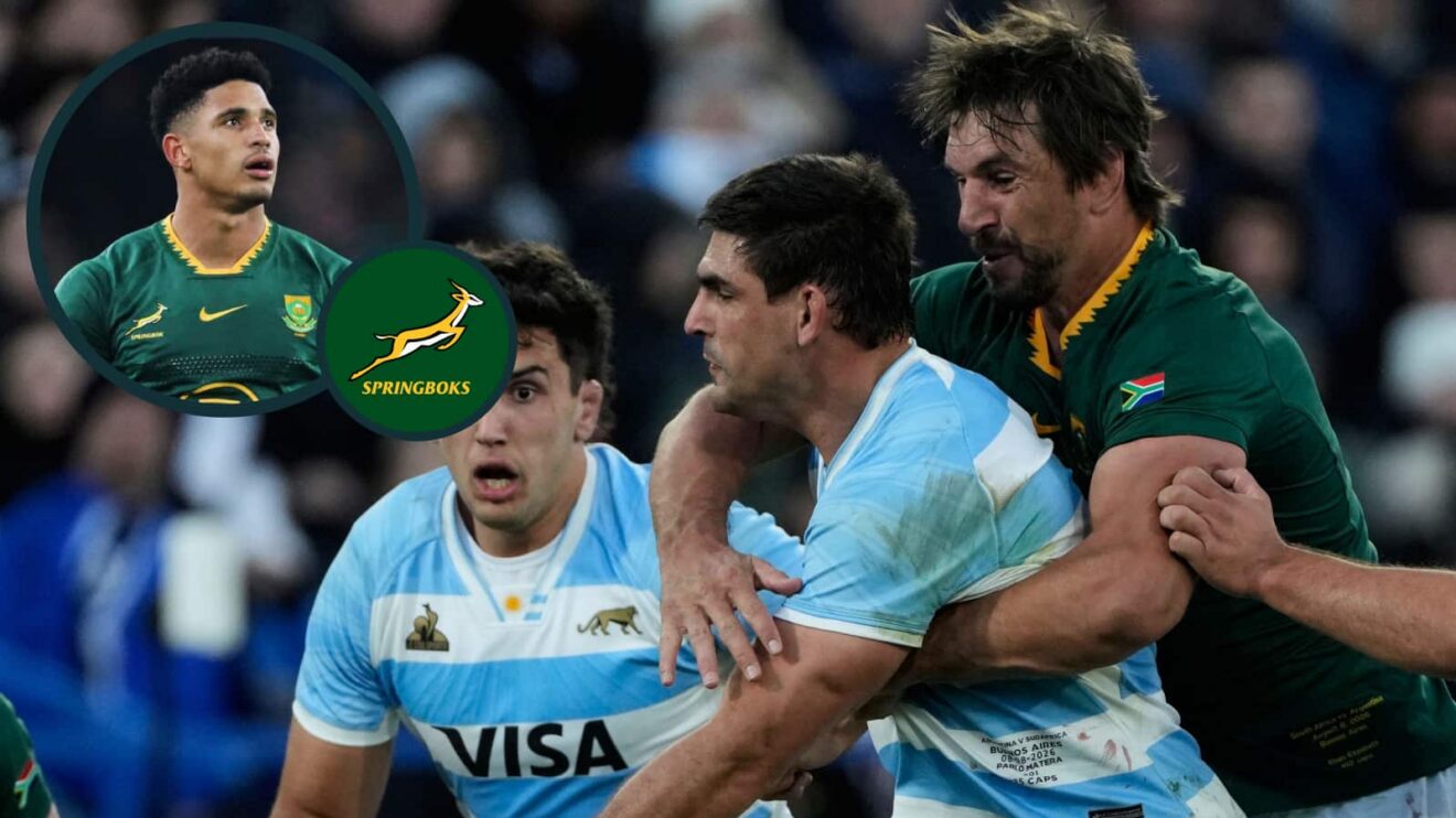 Eben Etzebeth and Sacha Feinberg-Mngomezulu (inset) in action for the Springboks.