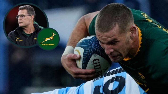 Springboks number eight Cameron Hanekom in action against Argentina, and head coach Rassie Erasmus (inset).