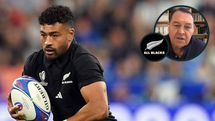 Richie Mo'unga in action for the All Blacks and legendary coach Sir Steve Hansen (inset).