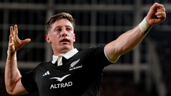 Cam Roigard celebrating a try for the All Blacks in 2026